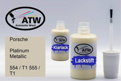 Porsche, Platinum Metallic, 554 / T1 555 / T1: 20ml Lackstift + 20ml Klarlack - Set, von ATW Autoteile West.